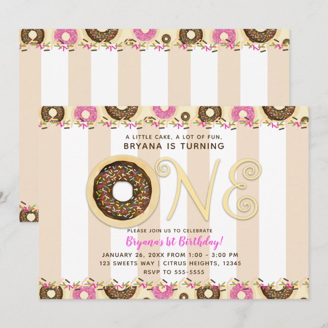 Brown Cream Sprinkle Donuts ONE 1ST Birthday Party Invitation (Front/Back)