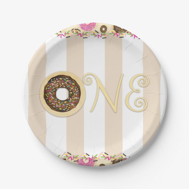 Brown Cream Sprinkle Donuts ONE 1ST Birthday Party Paper Plates (Front)