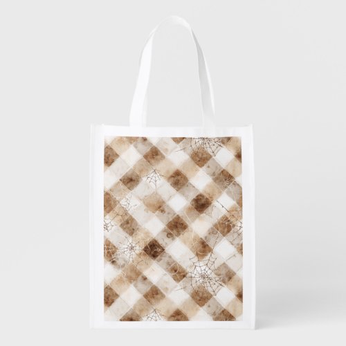 Brown Cream Squares Spider Webs Halloween Grocery Bag