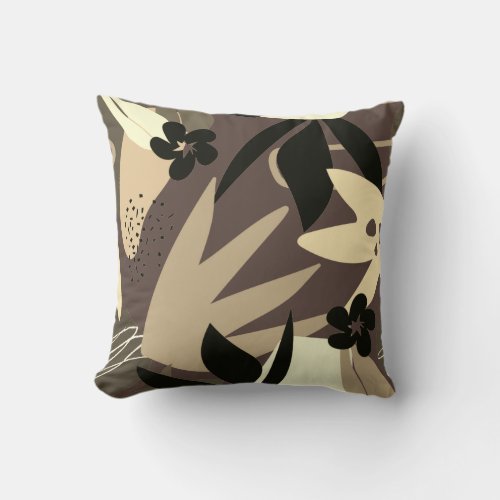 Brown Cream Tan  Black Artistic Abstract Leaves Throw Pillow
