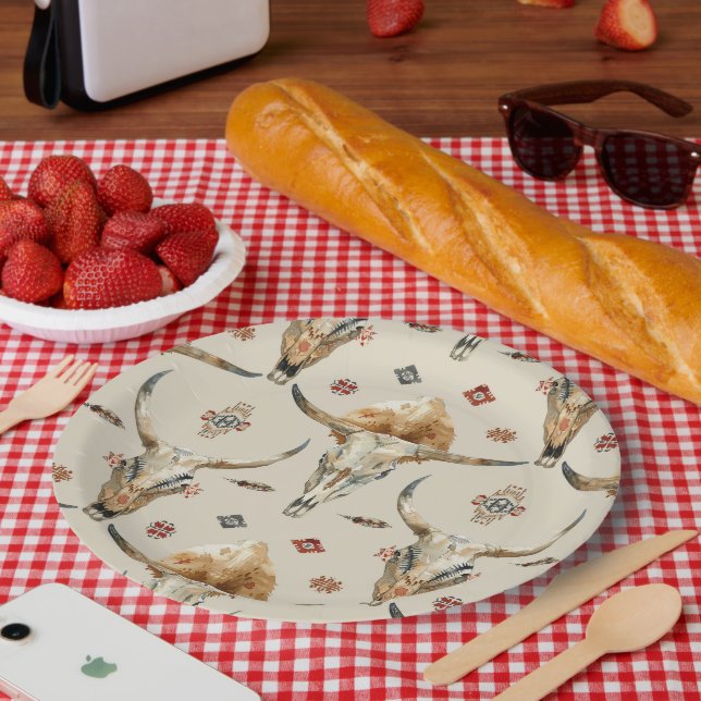Brown Cream Tribal Native Feathers Birthday Paper Plates (Picnic)