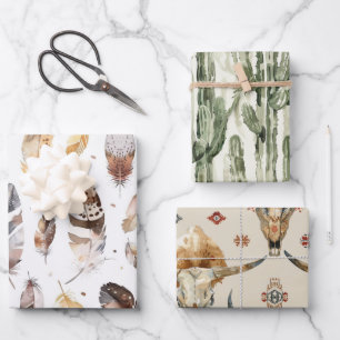 Brown Cream Tribal Native Feathers Birthday Wrapping Paper Sheets