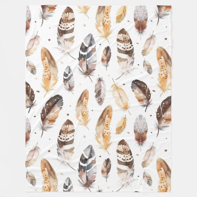 Brown Cream Tribal Native Feathers Fleece Blanket (Front)