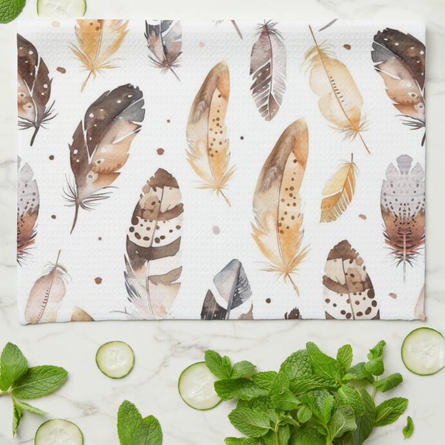 Brown Cream Tribal Native Feathers Kitchen Towel (Folded)