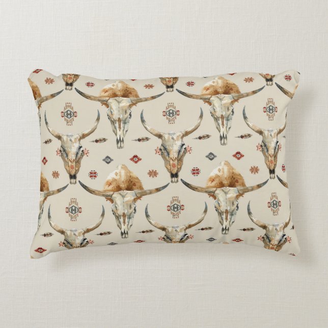 Brown Cream Tribal Native Feathers Skulls Accent Pillow (Front)