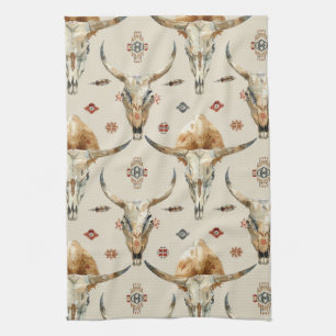 Brown Cream Tribal Native Feathers Skulls Kitchen Towel