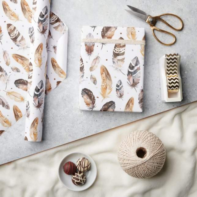 Brown Cream Tribal Native Feathers Wrapping Paper (Crafts)