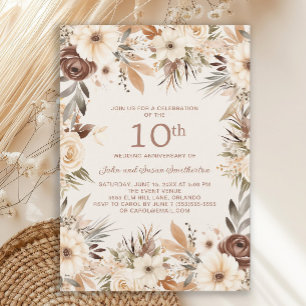 Brown Cream Watercolor Floral 10th Anniversary Invitation