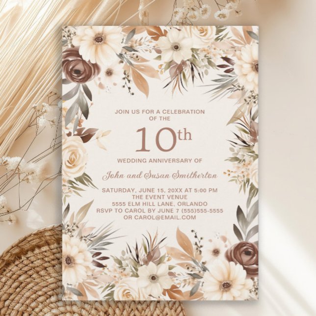 Brown Cream Watercolor Floral 10th Anniversary Invitation (Rustic cream and brown boho-style watercolor floral 10th wedding anniversary invitation)
