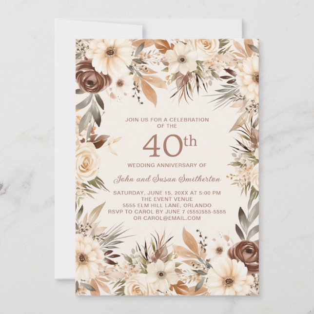 Brown Cream Watercolor Floral 40th Anniversary Invitation (Front)