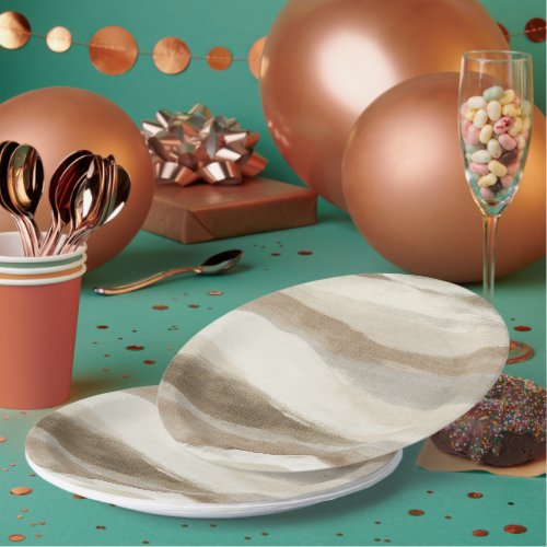 Brown Cream Wavy Abstract Stripes Paper Plates
