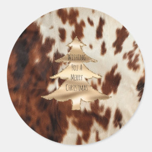Brown Cream Western Cowhide Christmas Classic Round Sticker