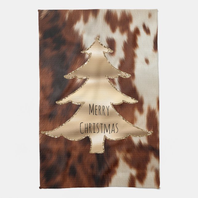 Brown Cream Western Cowhide Christmas Kitchen Towel (Vertical)