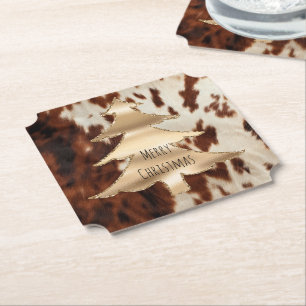Brown Cream Western Cowhide Christmas Paper Coaster