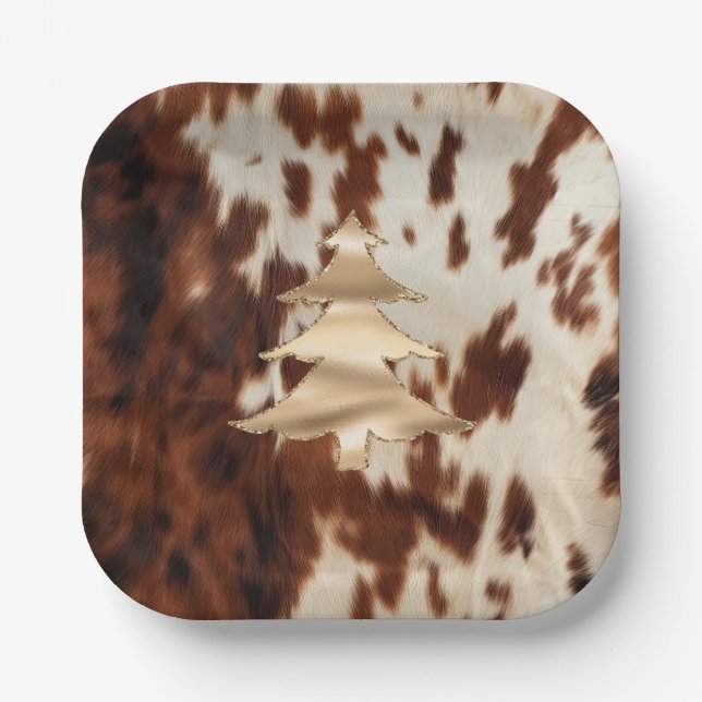 Brown Cream Western Cowhide Christmas Paper Plates (Front)