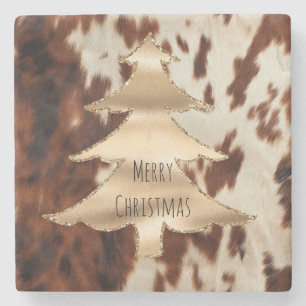 Brown Cream Western Cowhide Christmas Stone Coaster