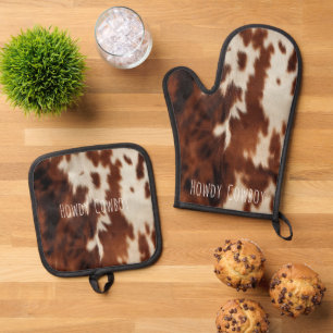 Brown Cream Western Cowhide  Oven Mitt & Pot Holder Set