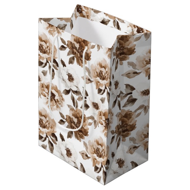 Brown Cream White Flowers Birthday Medium Gift Bag (Front Angled)