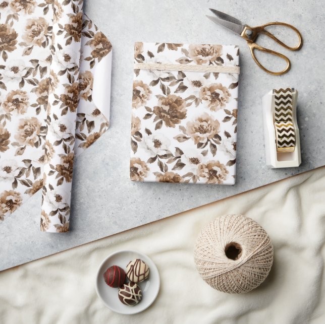 Brown Cream White Flowers Birthday Wrapping Paper (Crafts)