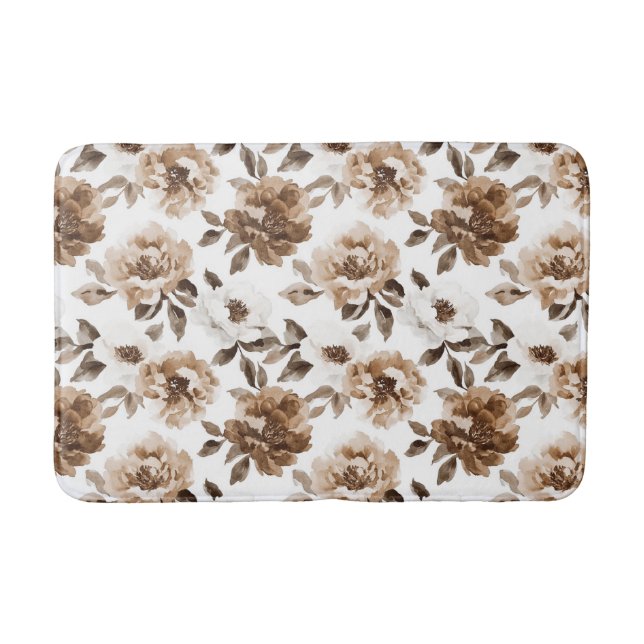 Brown Cream White Flowers Christmas Bath Mat (Front)