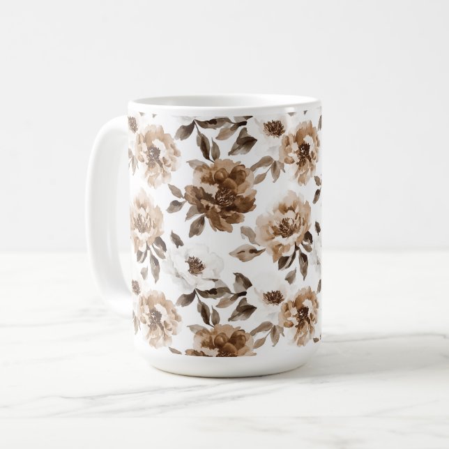 Brown Cream White Flowers Christmas Coffee Mug (Front Left)