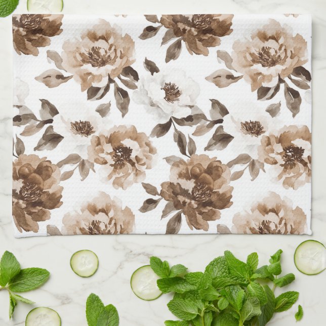 Brown Cream White Flowers Christmas Kitchen Towel (Folded)