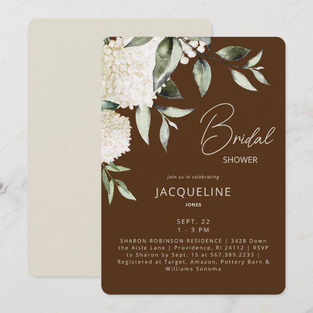  Brown & Cream White Hydrangeas Bridal Shower Invitation (Front/Back)