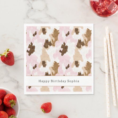 Brown Cream White Pink Cow Print Birthday Napkins