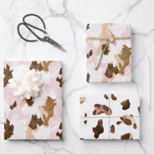 Brown Cream White Pink Cow Print Birthday Wrapping Paper Sheets