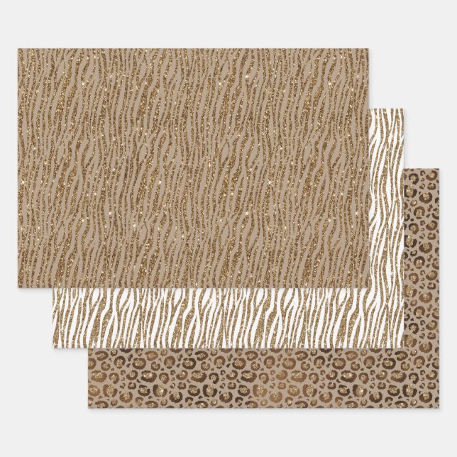 Brown Cream Zebra Animal Print Glitter    Wrapping Paper Sheets (Set)