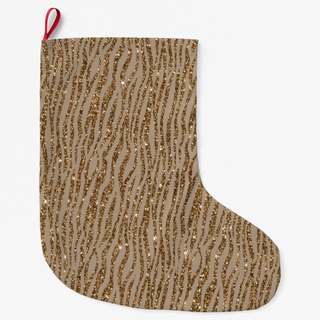 Brown Cream Zebra Print Animal Glitter    Large Christmas Stocking (Front)
