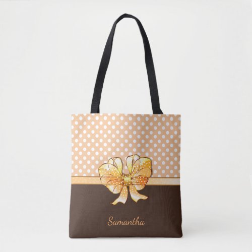 Brown Creamy and White Dots Faux Golden Ribbon Tote Bag