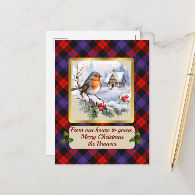 Brown Crest & Tartan w/Robin Personalized   Holiday Postcard (Front/Back In Situ)