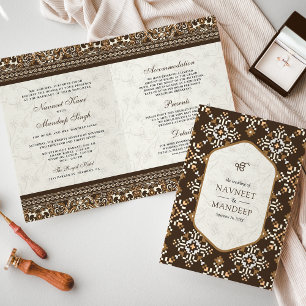 Brown Cross-stitch All in One Sikh Wedding Invitation