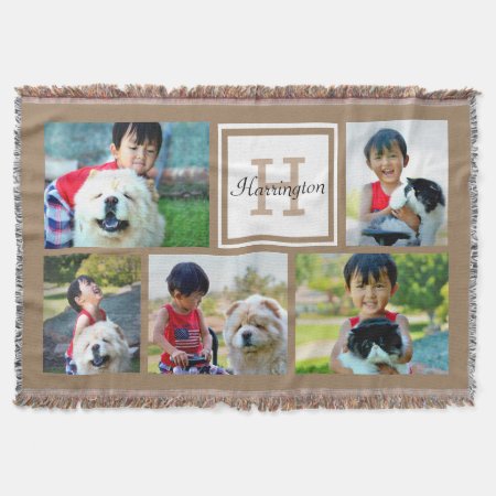 Brown Custom Monogrammed 5 Photo Picture Collage Throw Blanket