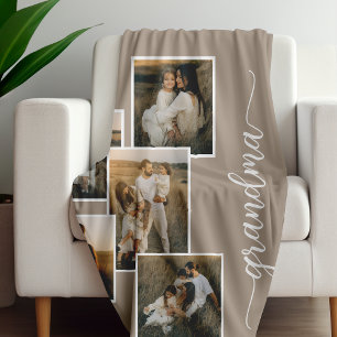 Brown Customized Grandma Grandkid 5 Photo Collage  Fleece Blanket
