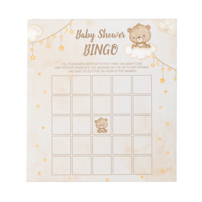 Brown Cute Bear Baby Shower Bingo Notepad (Front)