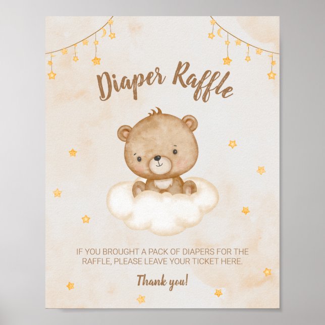 Brown Cute Bear Baby Shower Diaper Raffle Poster (Front)