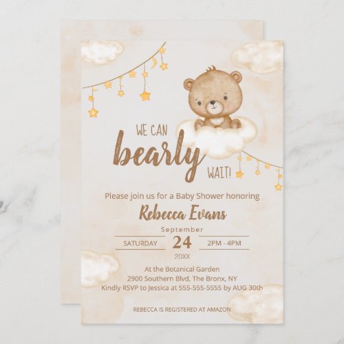 Brown Cute Bear We Can Bearly Wait Baby Shower Invitation