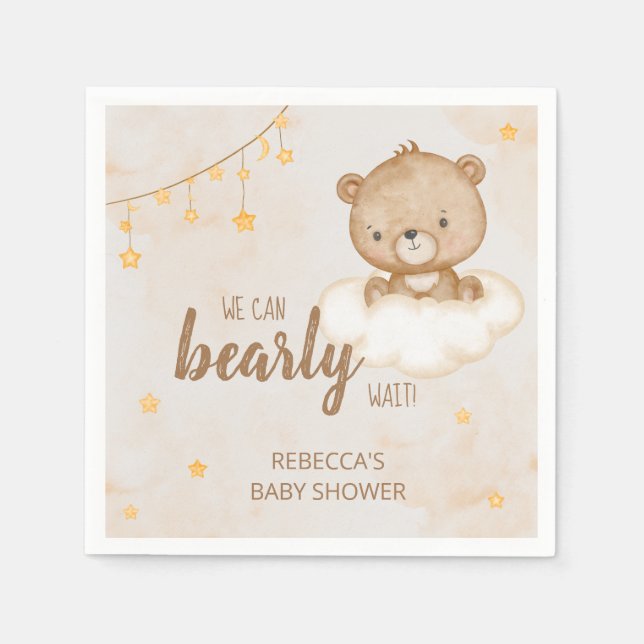 Brown Cute Bear We Can Bearly Wait Baby Shower Napkins (Front)