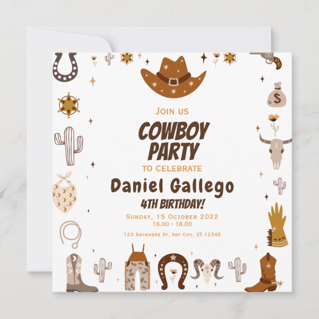 Brown Cute Cowboy Birthday   Invitation (Front)