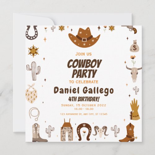 Brown Cute Cowboy Birthday   Invitation