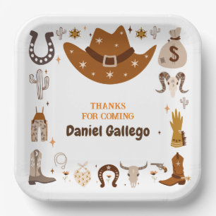 Brown Cute Cowboy Birthday Paper Plates