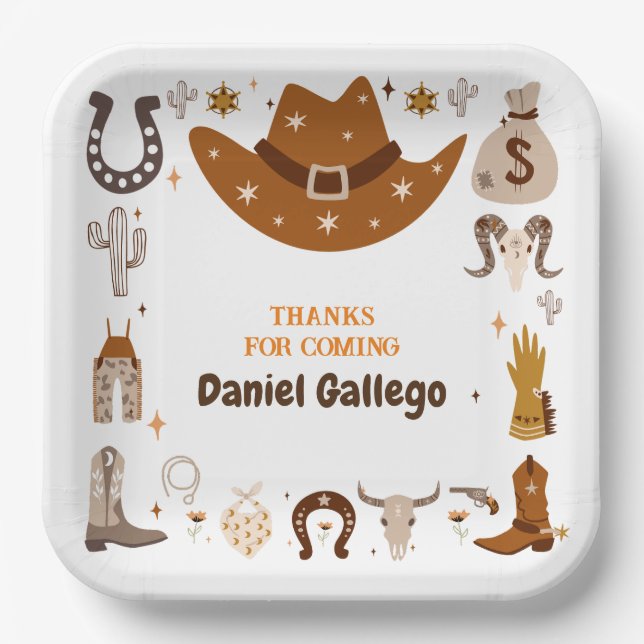 Brown Cute Cowboy Birthday Paper Plates (Front)