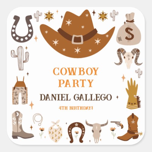 Brown Cute Cowboy Birthday party  Square Sticker