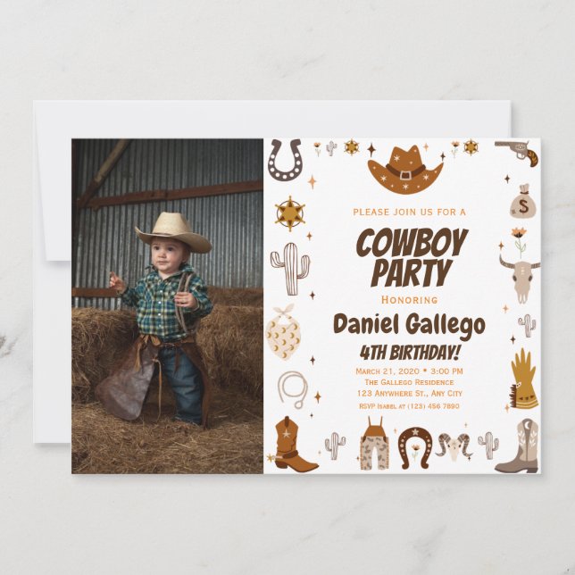 Brown Cute Cowboy Photo Birthday   Invitation (Front)