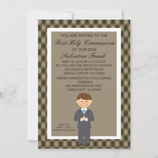 Brown Cute First  Communion Boy Invitation (Front)
