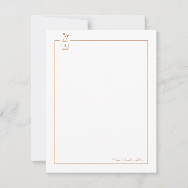 Brown Cute Hearts Mason Jar Personal Stationery Note Card (Front)
