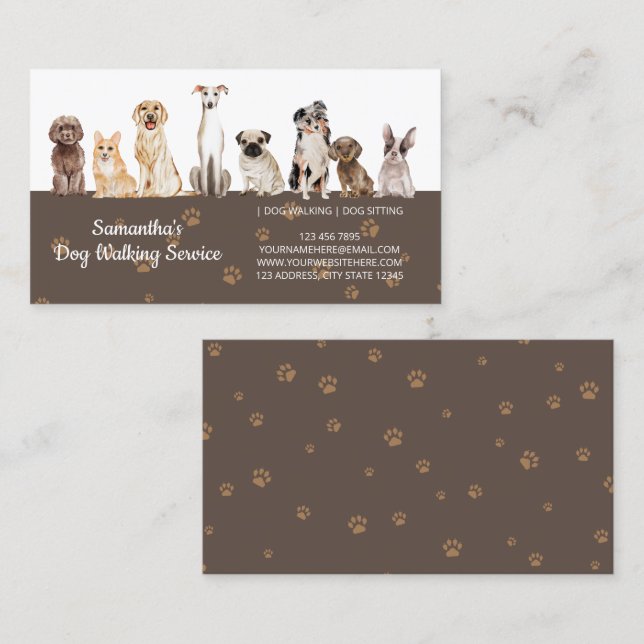 Brown Cute Paws Watercolor Dogs Business Card (Front/Back)