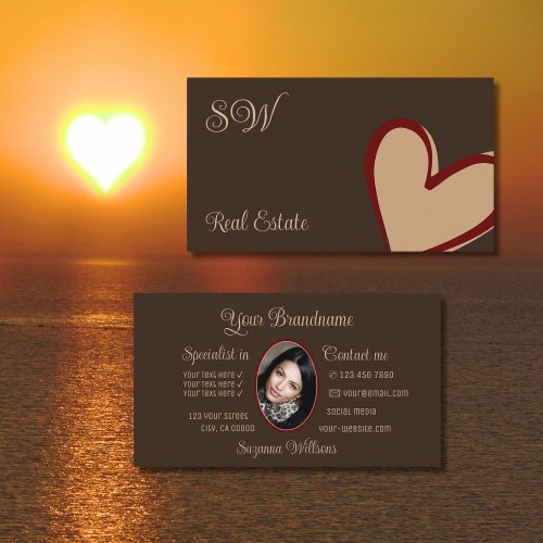 Brown Cute Red Beige Heart with Monogram and Photo Business Card